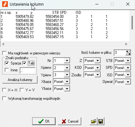 Widok okna ustawienia kolumn Widok okna ustawienia kolumn