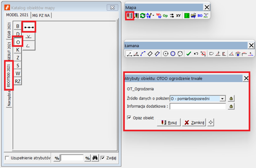 Widok okna katalogu obiektów mapy i panelu mapy i atrybutów obiektu Widok okna katalogu obiektów mapy i panelu mapy i atrybutów obiektu