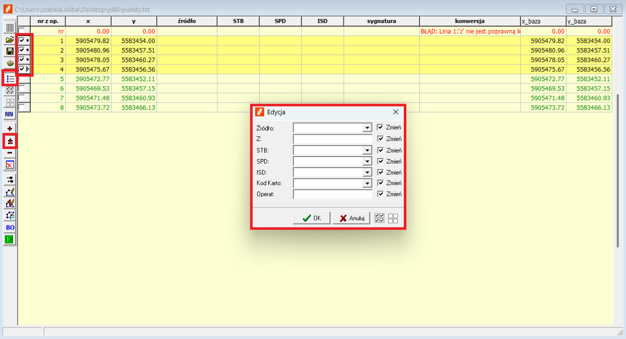 Widok okna z punktami i edycją Widok okna z punktami i edycją