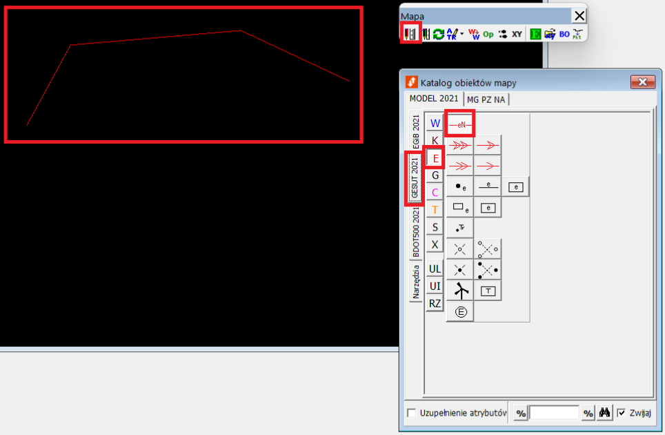Widok palety mapy, okna katalogu obiektów mapy i widoku grafiki z narysowanym obiektem Widok palety mapy, okna katalogu obiektów mapy i widoku grafiki z narysowanym obiektem