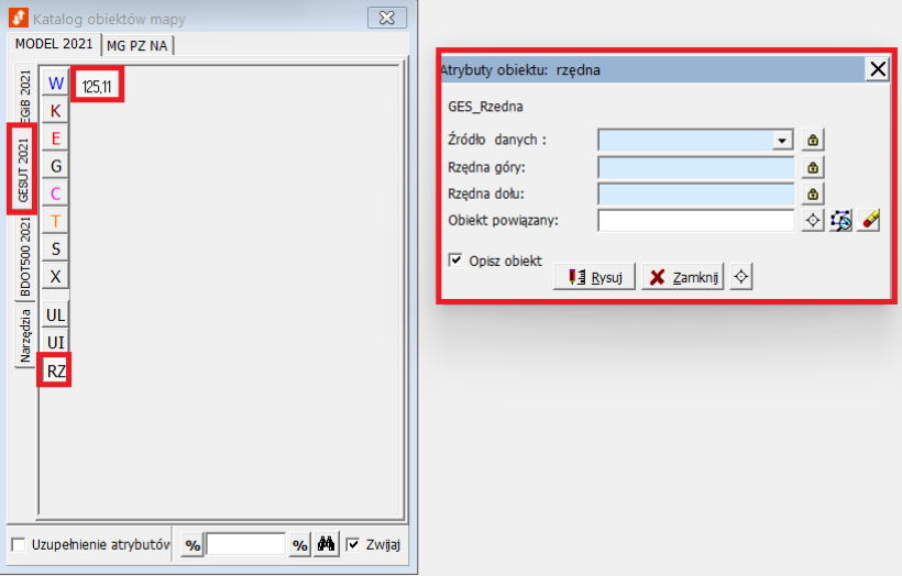 Widok okna katalogu obiektów mapy i okna atrybutów obiektu Widok okna katalogu obiektów mapy i okna atrybutów obiektu