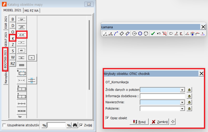 Widok okna katalogu obiektów mapy i okna atrybutów obiektu Widok okna katalogu obiektów mapy i okna atrybutów obiektu