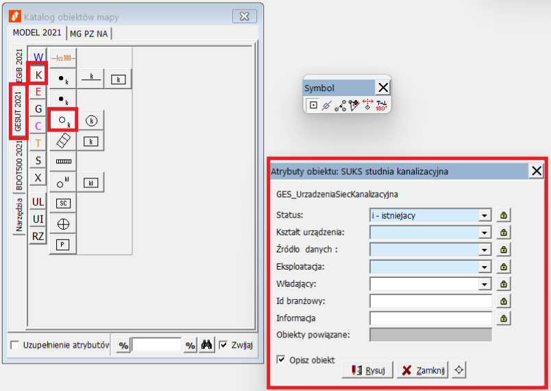 Widok okna katalogu obiektów mapy i okna atrybutów obiektu Widok okna katalogu obiektów mapy i okna atrybutów obiektu