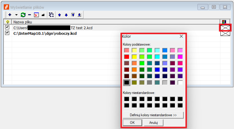 Widok wyświetlania plików i okna wybrania koloru Widok wyświetlania plików i okna wybrania koloru