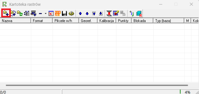 Widok kartoteki rastrów z zaznaczoną ikoną dodawania rastra Widok kartoteki rastrów z zaznaczoną ikoną dodawania rastra