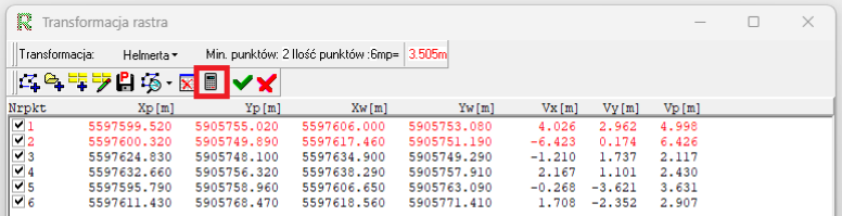 Widok okna transformacji rastra z wprowadzonymi punktami Widok okna transformacji rastra z wprowadzonymi punktami