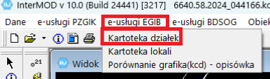 Widok opcji menu głównego programu - e-usługi EGiB oraz Kartoteka działek Widok opcji menu głównego programu - e-usługi EGiB oraz Kartoteka działek