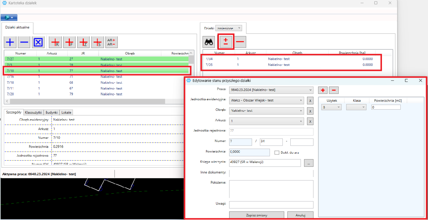 Widok okna kartoteki działek oraz edytowania stanu przyszłego działki Widok okna kartoteki działek oraz edytowania stanu przyszłego działki
