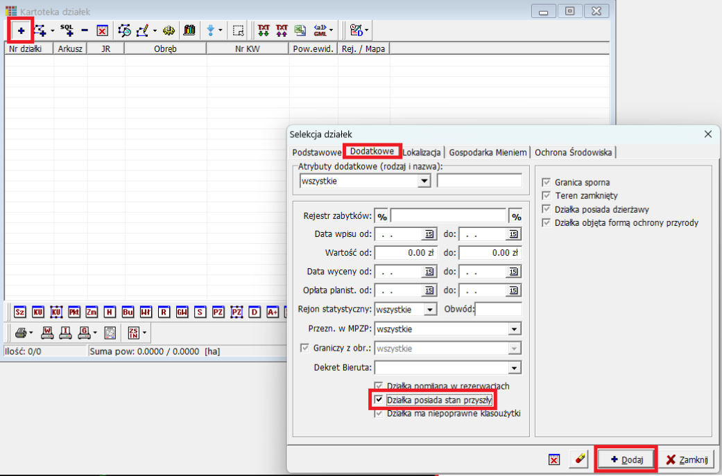 Widok okna kartoteki działek i selekcji działek Widok okna kartoteki działek i selekcji działek