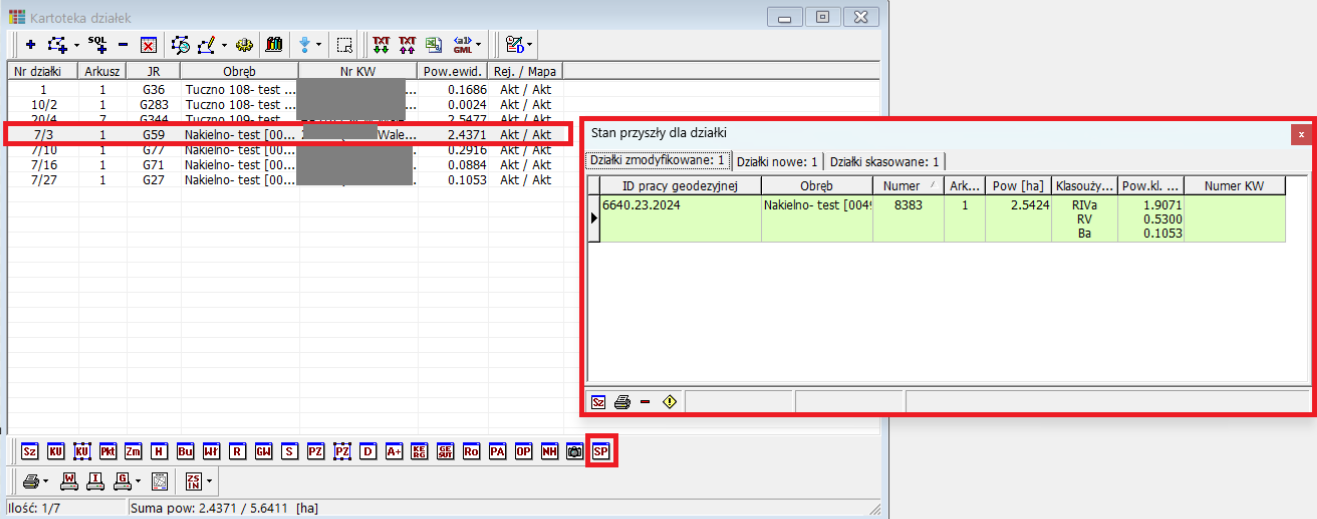 Widok okna kartoteki działek z wyszukanymi pozycjami oraz okna stanu przyszłego dla działki Widok okna kartoteki działek z wyszukanymi pozycjami oraz okna stanu przyszłego dla działki