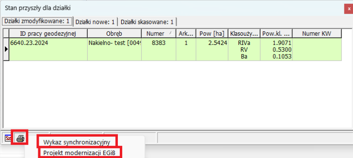 Widok opcji rozwijalnego menu raportowego okna ze stanem przyszłym dla danej działki Widok opcji rozwijalnego menu raportowego okna ze stanem przyszłym dla danej działki