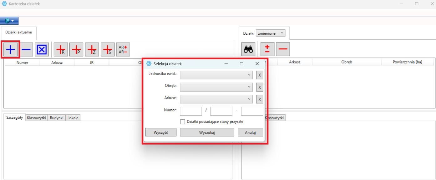 Widok okna kartoteki działek i selekcji działek Widok okna kartoteki działek i selekcji działek