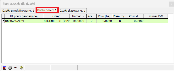 Widok okna stanu przyszłego w zakładce: Działki nowe Widok okna stanu przyszłego w zakładce: Działki nowe