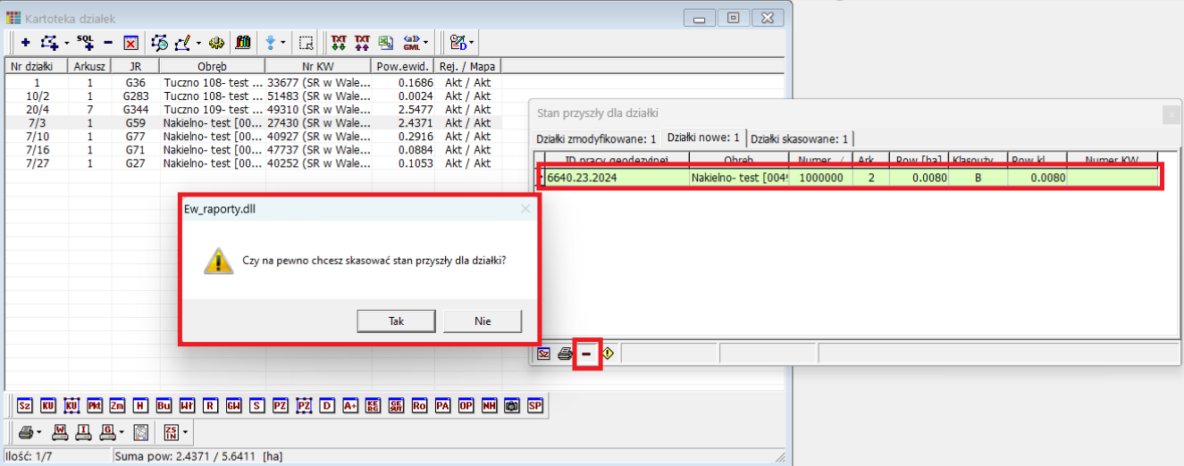 Widok okna stanu przyszłego działki z komunikatem dotyczącym usunięcia Widok okna stanu przyszłego działki z komunikatem dotyczącym usunięcia