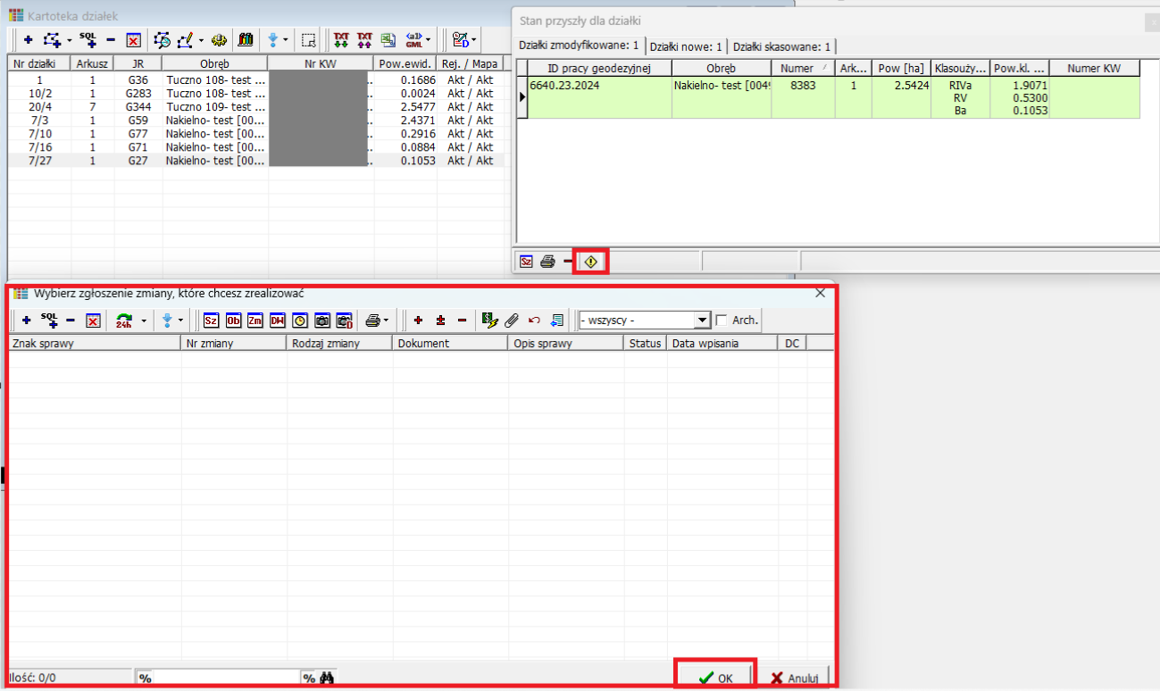 Widok okna stanu przyszłego działki i okna wybrania zgłoszenia zmiany Widok okna stanu przyszłego działki i okna wybrania zgłoszenia zmiany