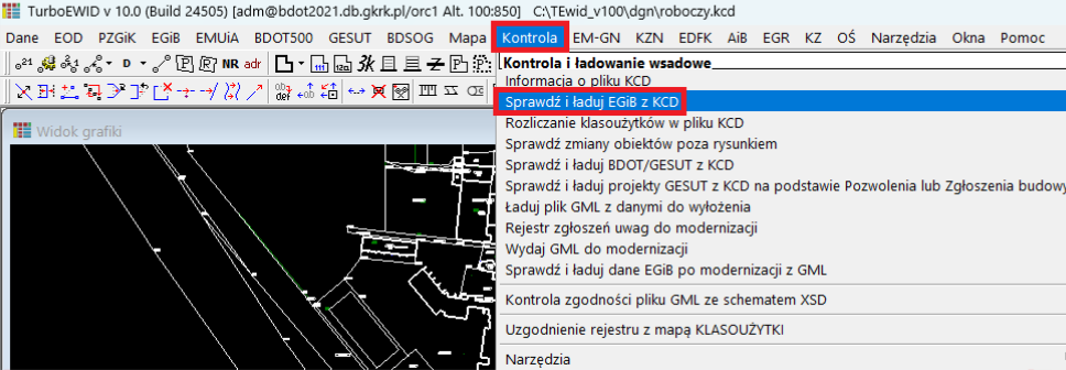 Widok opcji menu głównego programu: Kontrola oraz Sprawdź i ładuj EGiB z KCD Widok opcji menu głównego programu: Kontrola oraz Sprawdź i ładuj EGiB z KCD