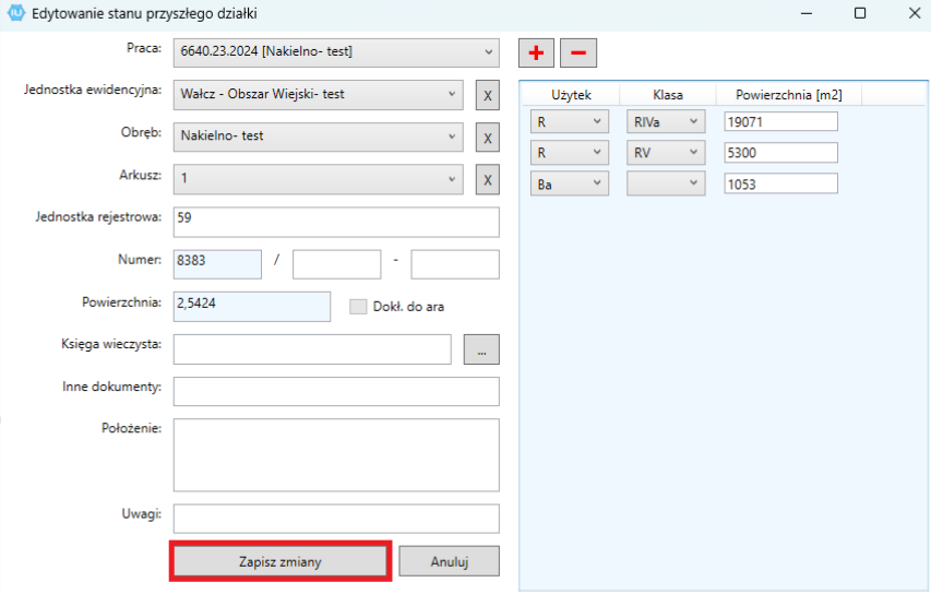 Widok okna edytowania stanu przyszłego działki Widok okna edytowania stanu przyszłego działki
