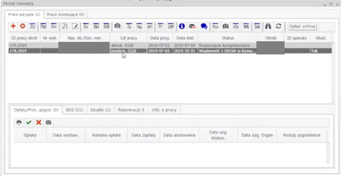 Widok okna Portalu Geodety z zaznaczoną pracą geodezyjną Widok okna Portalu Geodety z zaznaczoną pracą geodezyjną
