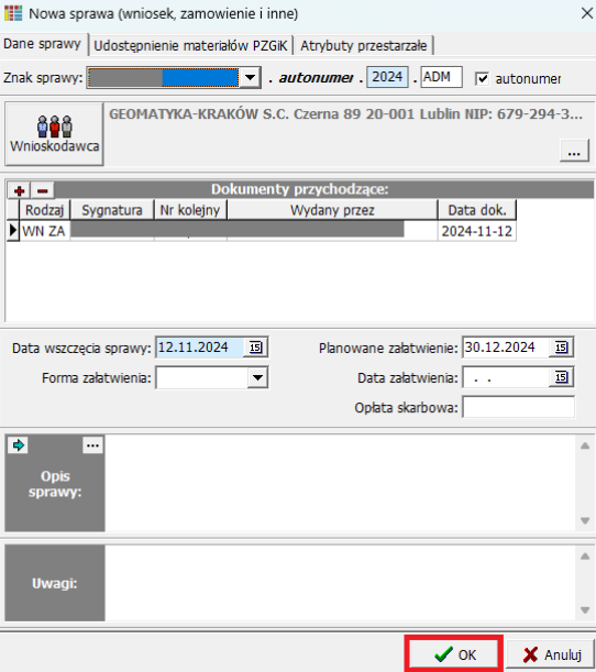 Widok okna nowej sprawy z danymi wniosku Widok okna nowej sprawy z danymi wniosku