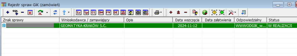 Widok okna rejestru spraw Widok okna rejestru spraw