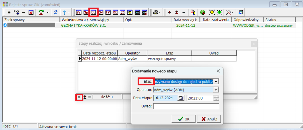 Widok okien etapów realizacji i dodania nowego etapu Widok okien etapów realizacji i dodania nowego etapu