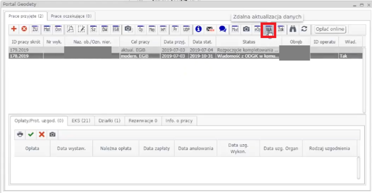 Widok okna Portalu Geodety z zaznaczoną pracą geodezyjną i ikoną z napisem 'WA' Widok okna Portalu Geodety z zaznaczoną pracą geodezyjną i ikoną z napisem 'WA'