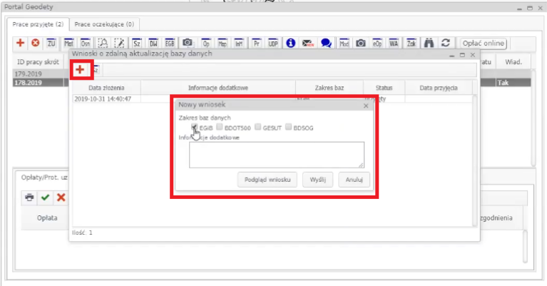 Widok okien: 'Wnioski o zdalną aktualizację' oraz 'Nowy wniosek' Widok okien: 'Wnioski o zdalną aktualizację' oraz 'Nowy wniosek'
