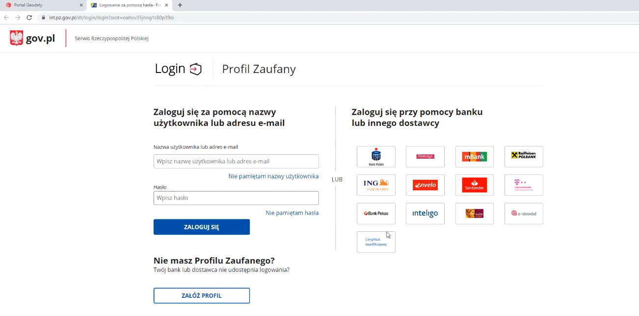 Widok okna logowania do Profilu Zaufanego Widok okna logowania do Profilu Zaufanego