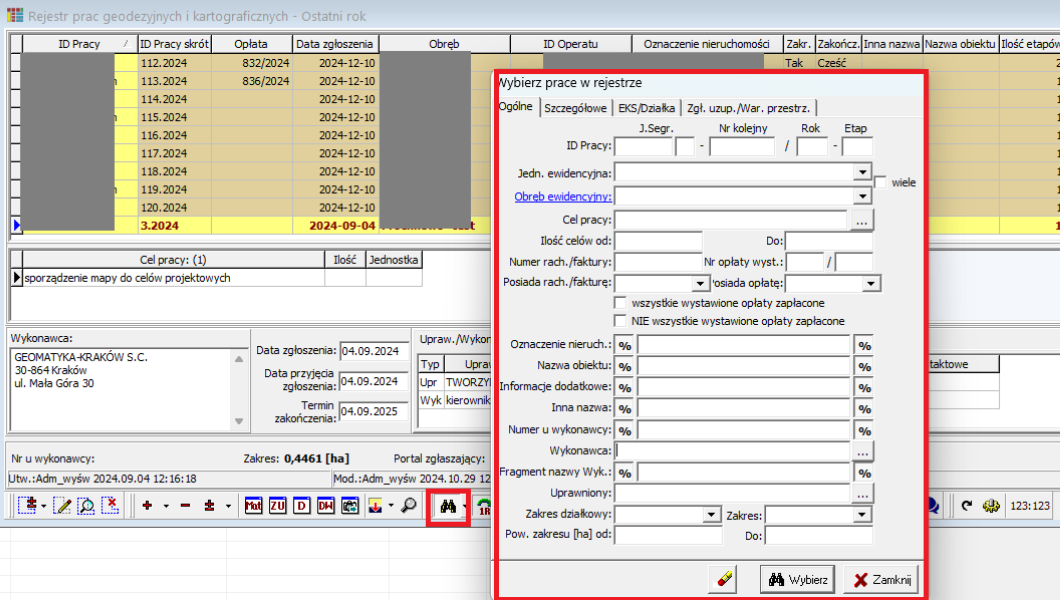 Widok okna rejestru prac geodezyjnych i kartograficznych oraz okna wyszukiwania pracy Widok okna rejestru prac geodezyjnych i kartograficznych oraz okna wyszukiwania pracy