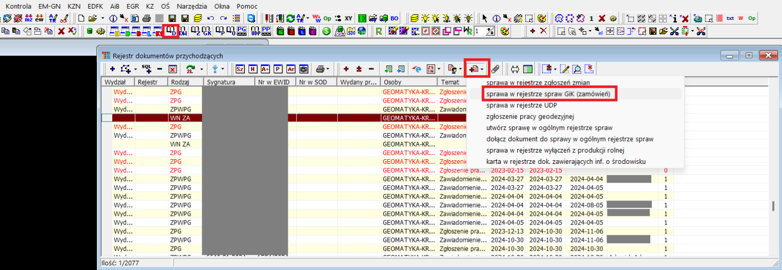 Widok okna programu TurboEWID oraz okna 'Rejestr dokumentów przychodzących' z zaznaczoną sprawą i oznaczeniem Widok okna programu TurboEWID oraz okna 'Rejestr dokumentów przychodzących' z zaznaczoną sprawą i oznaczeniem