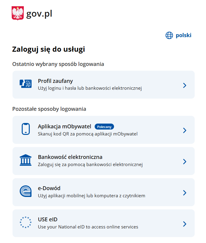Widok okna sposobów logowania na platformie login.gov.pl Widok okna sposobów logowania na platformie login.gov.pl