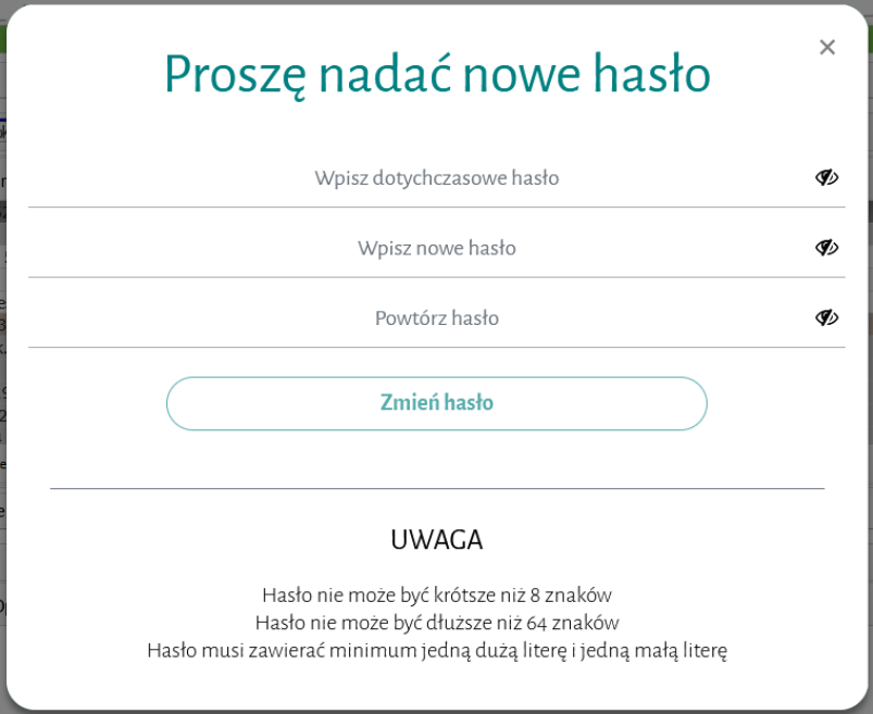 Widok okna nadania nowego hasła Widok okna nadania nowego hasła