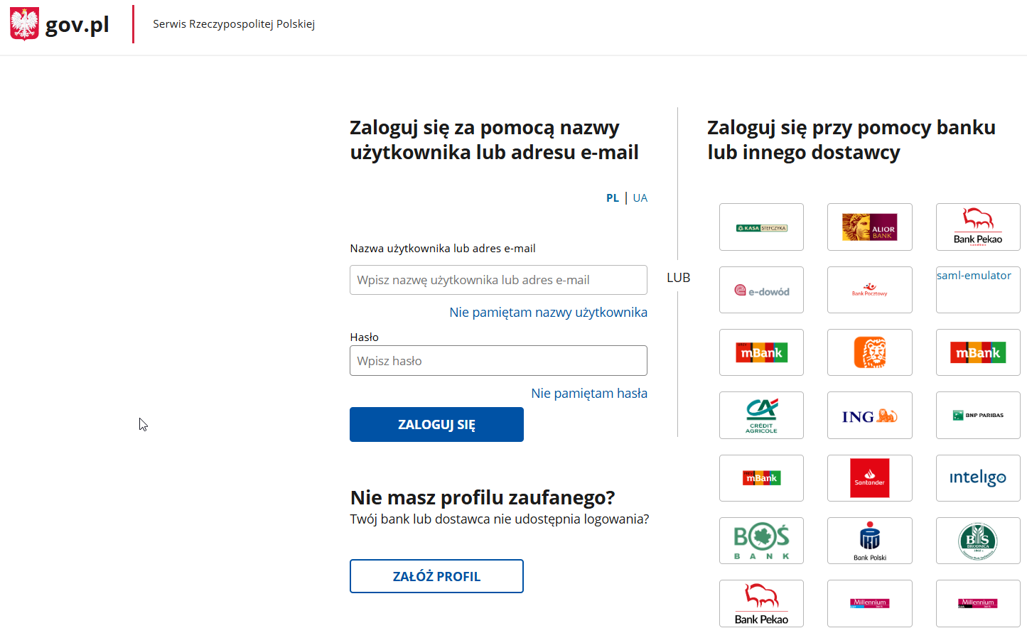 Widok okna logowania przez Profil zaufany na platformie login.gov.pl Widok okna logowania przez Profil zaufany na platformie login.gov.pl