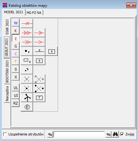 Widok okna katalogu obiektów mapy - zakładka 'MODEL 2021' Widok okna katalogu obiektów mapy - zakładka 'MODEL 2021'