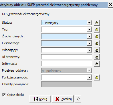 Widok okna 'Atrybuty obiektu: SUEP przewód elektroenergetyczny podziemny' Widok okna 'Atrybuty obiektu: SUEP przewód elektroenergetyczny podziemny'