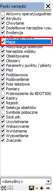 Widok okna: 'Paski narzędzi' z zaznaczoną opcją 'Mapa' Widok okna: 'Paski narzędzi' z zaznaczoną opcją 'Mapa'