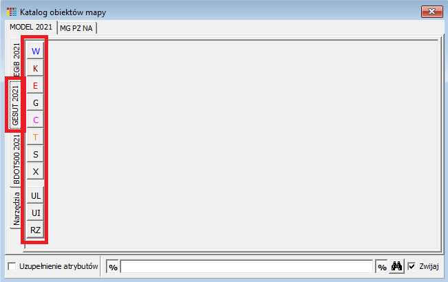 Widok okna katalogu obiektów mapy - zakładka 'MODEL 2021'/GESUT 2021 Widok okna katalogu obiektów mapy - zakładka 'MODEL 2021'/GESUT 2021