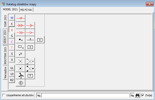 Widok okna katalogu obiektów mapy - zakładka 'MODEL 2021'/GESUT 2021' Widok okna katalogu obiektów mapy - zakładka 'MODEL 2021'/GESUT 2021'