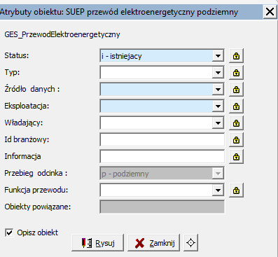 Widok okna 'Atrybuty obiektu: SUEP przewód elektroenergetyczny podziemny' Widok okna 'Atrybuty obiektu: SUEP przewód elektroenergetyczny podziemny'