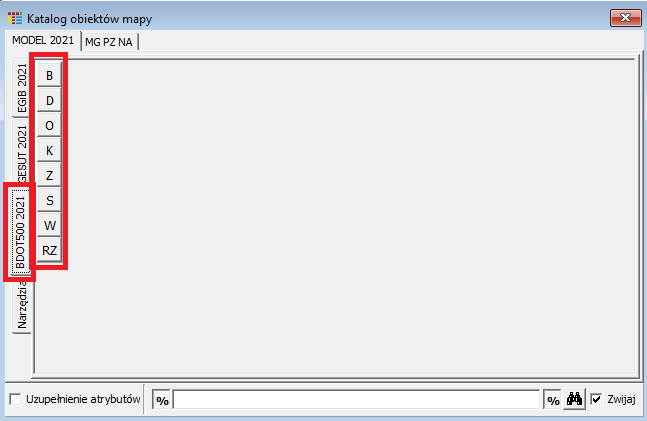 Widok okna: Katalog obiektów mapy - zakładka MODEL 2021/BDOT500 2021 Widok okna: Katalog obiektów mapy - zakładka MODEL 2021/BDOT500 2021