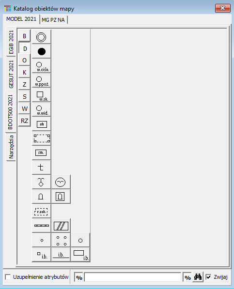 Widok okna: Katalog obiektów mapy - zakładka MODEL 2021/BDOT500 2021 Widok okna: Katalog obiektów mapy - zakładka MODEL 2021/BDOT500 2021