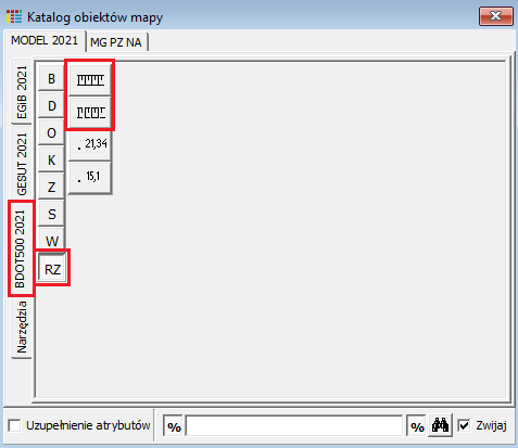 Widok okna: Katalog obiektów mapy - zakładka MODEL 2021/BDOT500 2021 Widok okna: Katalog obiektów mapy - zakładka MODEL 2021/BDOT500 2021