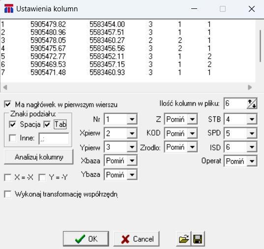 Widok okna: 'Ustawienia kolumn' Widok okna: 'Ustawienia kolumn'