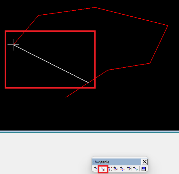 Widok palety 'Chwytanie' i okna grafiki z wybraną opcją przyciągania do najbliższego punktu kluczowego obiektu Widok palety 'Chwytanie' i okna grafiki z wybraną opcją przyciągania do najbliższego punktu kluczowego obiektu