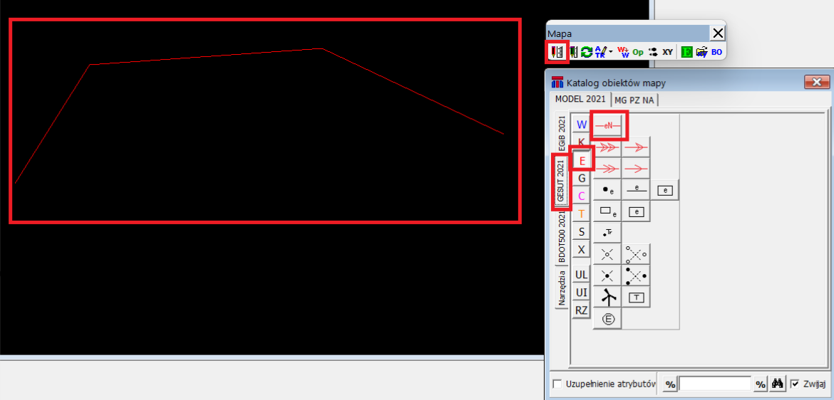 Widok palety 'Mapa', okna 'Katalogu obiektów mapy' oraz narysowanego przewodu elektroenergetycznego w widoku grafiki Widok palety 'Mapa', okna 'Katalogu obiektów mapy' oraz narysowanego przewodu elektroenergetycznego w widoku grafiki