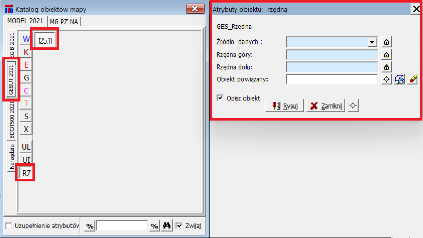 Widok okna 'Katalog obiektów mapy' oraz 'Atrybuty obiektu: rzędna' Widok okna 'Katalog obiektów mapy' oraz 'Atrybuty obiektu: rzędna'