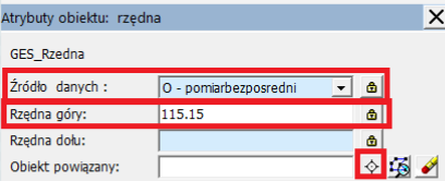 Widok okna 'Atrybuty obiektu: Rzędna' Widok okna 'Atrybuty obiektu: Rzędna'