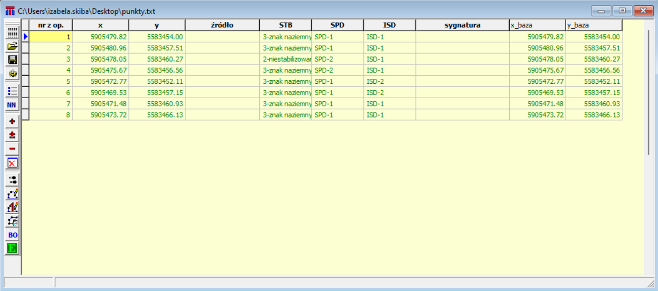 Widok okna z wczytanymi punktami roboczymi Widok okna z wczytanymi punktami roboczymi