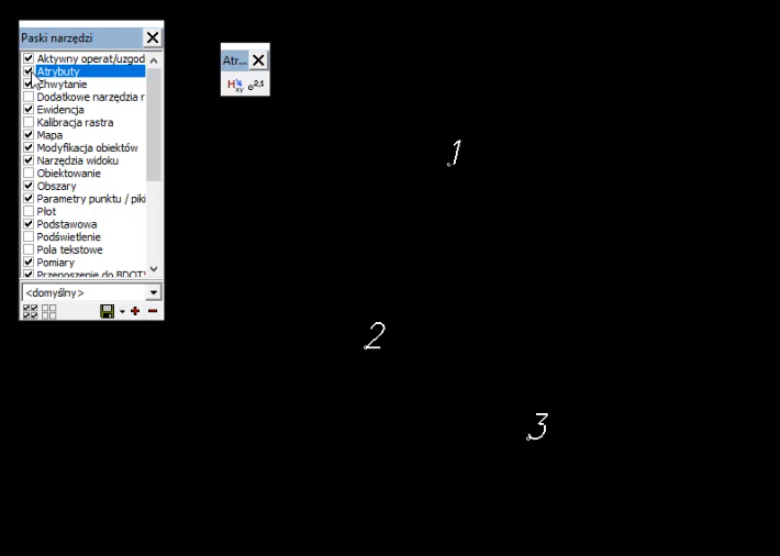Widok okna grafiki z pikietami oraz oknami: Paska narzędzi i Atrybutów Widok okna grafiki z pikietami oraz oknami: Paska narzędzi i Atrybutów