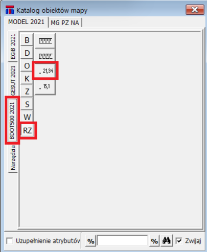 Widok okna katalogu obiektów mapy z zaznaczoną zakładką BDOT500 2021, RZ oraz Pikieta sztuczna Widok okna katalogu obiektów mapy z zaznaczoną zakładką BDOT500 2021, RZ oraz Pikieta sztuczna